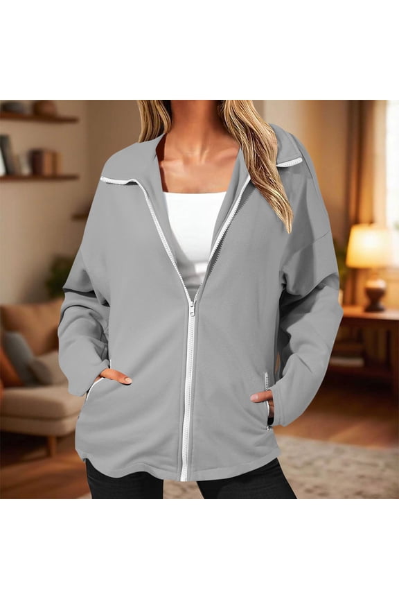 Women's Fleece Jackets Long Sleeve Zipper Collared Warm Loose Fit Casual Blazers for Fall Winter, Gray 2XL