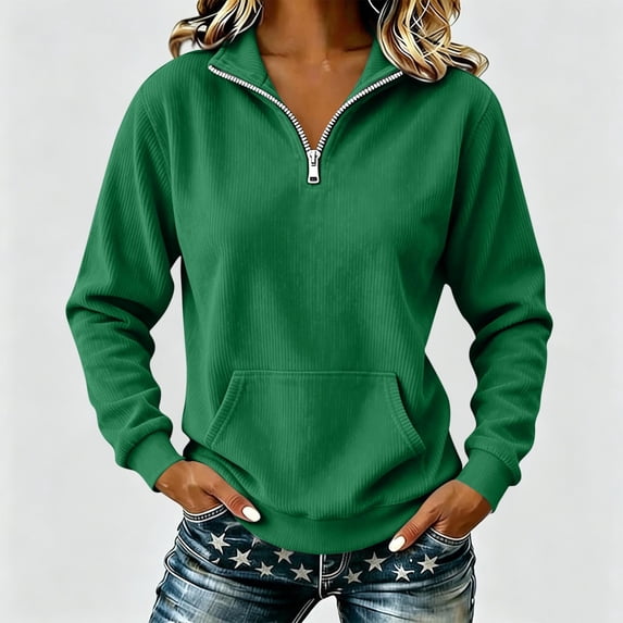 SSZMDLB Women's Pullover Hoodie Long Sleeve Collared Zip Up Fall Winter Casual Tops Sweatshirt Solid Button Down Blouses, Green L