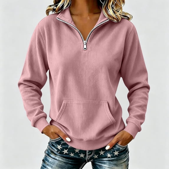 SSZMDLB Women's Pullover Hoodie Long Sleeve Collared Zip Up Fall Winter Casual Tops Sweatshirt Solid Button Down Blouses, Pink XL