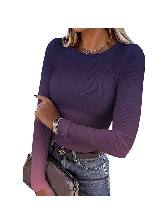 Women's Round Neck Long Sleeve Ribbed Tops Slim Casual Pullover Shirts Solid Crop Top Fall Winter Basic Tee for Women, Purple M