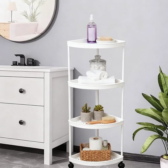 SSZMDLB under $5 Bathroom Shelf, Freestanding Corner Storage Rack, Plastic Shelving Unit for Toiletries Shower Kitchen Laundry Room Organization