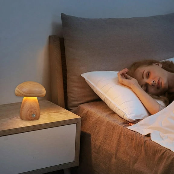 SSZMDLB under $5 Night Light, Wooden Mushroom Rechargeable Lamp, Warm LED Bedside Light, Bedroom Sleep Assistant, Ambient Mood Lighting Decor