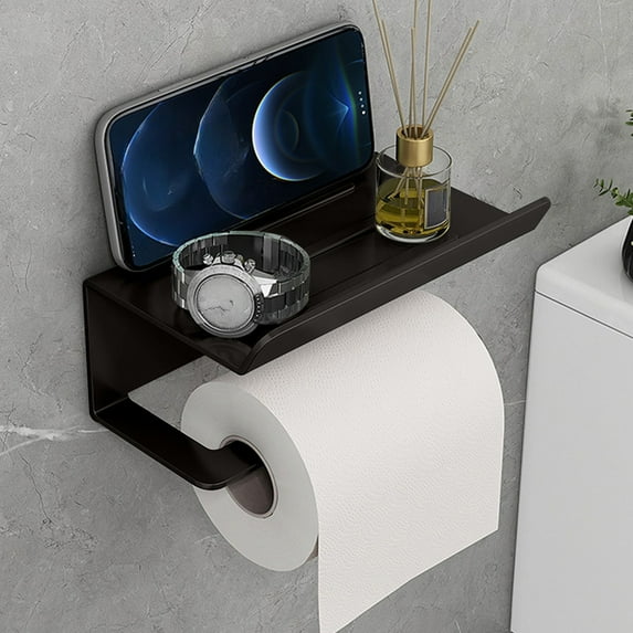 SSZMDLB under $5 Toilet Paper Holder with Shelf, No Drill for Bathroom Wall Mount Organizer Phone Stand