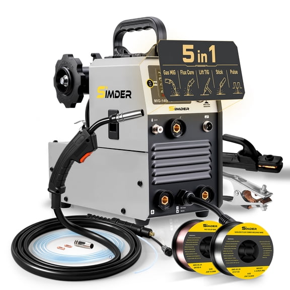 SSimder 5 in 1 Multiprocess Pulse MIG Welder, 140A for Home Garage DIY Auto Repair, Farm Fence, 10 lbs Spool, Flux Core, Lift TIG, Stick, Synergic, Spot Timer, Dual Voltage, IGBT Inverter, Outdoor