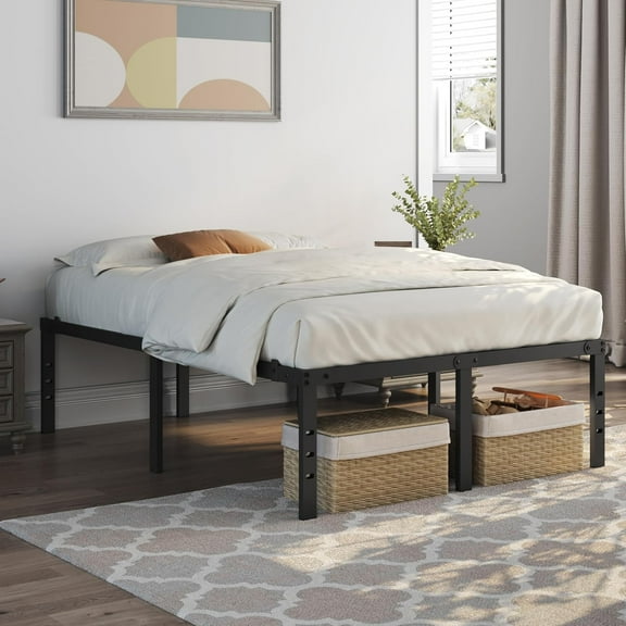 SSyao 18 Inch Metal Platform Full Size Bed Frame with Sturdy Slat Support & Reserved Holes for DIY Headboard/Easy Assembly/Storage Space/No Box Spring Needed, Black
