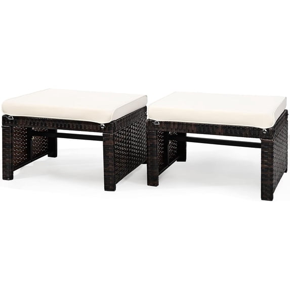 SSyao 2-Piece Patio Rattan Ottomans,All-Weather Wicker Footstools with Removable Cushions,Hidden Zippers & High-Density Sponge,Outdoor Footrest Seats for Garden,Backyard,or Balcony,White