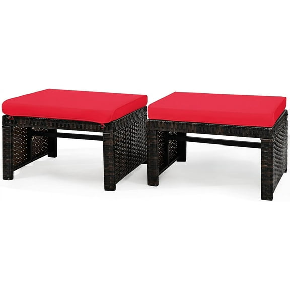 SSyao 2-Piece Patio Rattan Ottomans,All-Weather Wicker Footstools with Removable Cushions,Hidden Zippers & High-Density Sponge,Outdoor Footrest Seats for Garden,Backyard,or Balcony，Red