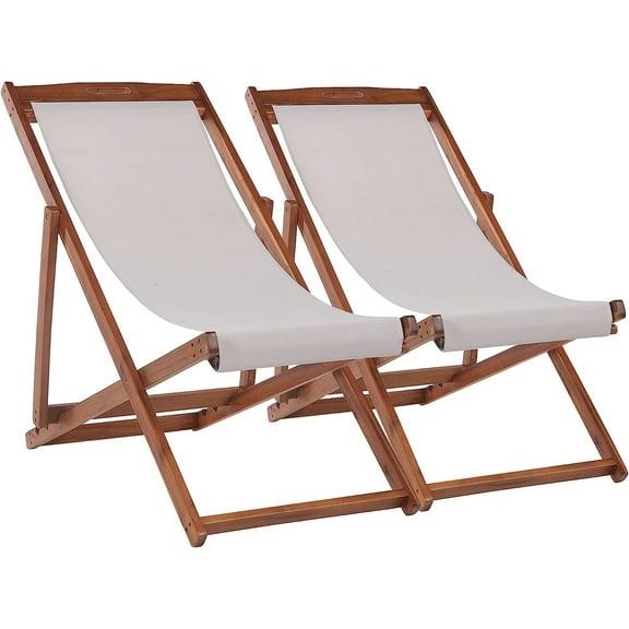SSyao 2 Set Outdoor Wooden Patio Lounge Chair Beach Sling Chair Set Height Portable, Grey