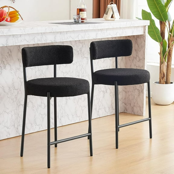 SSyao 24'' Bar Stools, Modern Counter Height Bar Stools with Curved Back and Black Metal Frame, Upholstered Kitchen Stools, Barstools for Kitchen Island, Bar, Dining Room.-Set of 2-Black