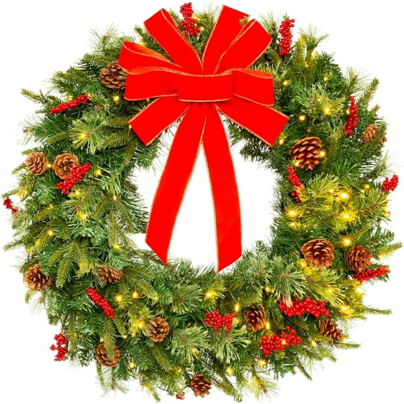 SSyao 24in Pre-Lit Battery Powered Christmas Wreath Artificial Pre-Decorated Holiday Accent w/ 70 Lights, 96 PVC Tips, Ribbons, Pine Cones
