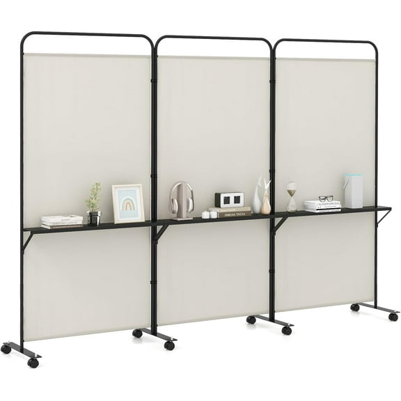 SSyao 3 Panel Room Divider with Storage Shelves, 6FT Folding Privacy Screen with Lockable Wheels, Portable Rolling Wall Divider, Freestanding Partition Screen for Room Separation, Beige