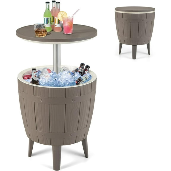 SSyao 3-in-1 Outdoor Cooler Side Table, 10-Gallon Ice Chest with Drainage Plug, Adjustable Height Cocktail Table for Beer & Wine Storage, Patio Bar Table for Pool, Deck, Backyard, BBQ Party Brown