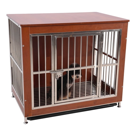 SSyao 38" Wooden Stainless Steel Dog Cage Heavy Duty Pet Crate Kennel Cage End Table