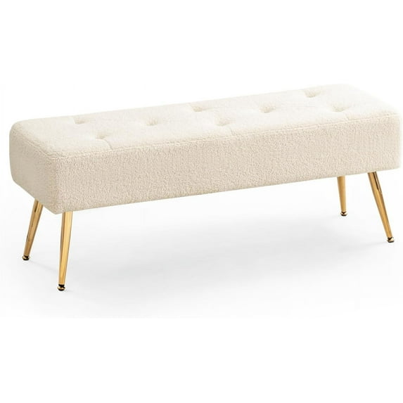 SSyao 44 Inch Bedroom Ottoman Bench, Upholstered End of Bed Bench with Gold Legs for Living Room Bedroom Dinning Room Entryway-Fur Ivory White