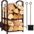 thumbnail image 1 of SSyao 5-Piece Indoor Outdoor Wrought Iron Firewood Log Storage Rack Holder Firepit Tools Set for Fireplace, Fire Pit, Stove w/Hook, Broom, Shovel, Tongs-Copper, 1 of 12