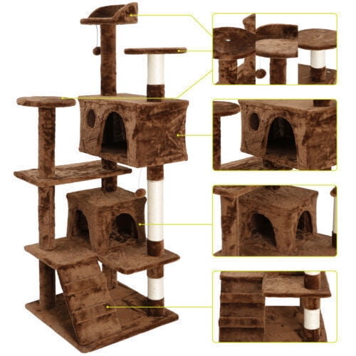 SSyao 55" Cat Tree Tower, Multi-Level Center Playing House with Sisal Scratching Posts, Cozy Condo & Plush Perches, Ideal for Active Felines-Brown