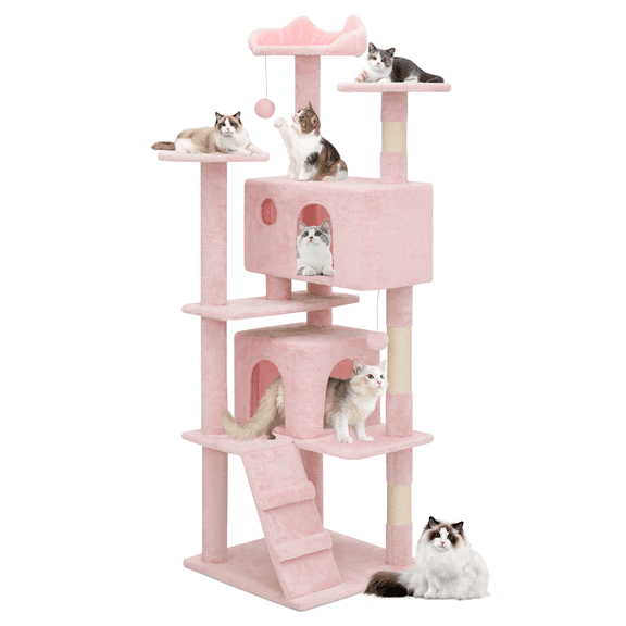 SSyao 60'' Cat Tree Play House Kitten Playing Condo House Sturdy Tipping Rope for Rest-Soft Pink