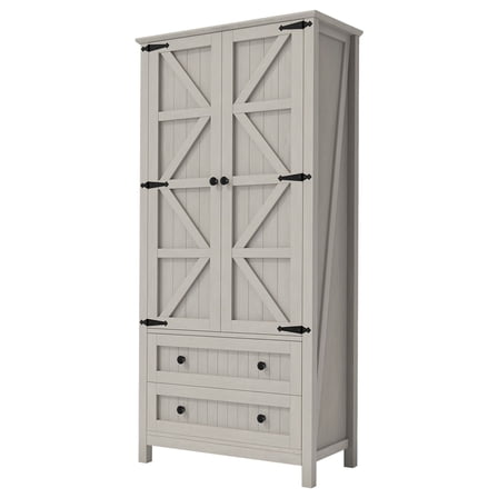 SSyao 64.5" Tall Kitchen Pantry Storage Cabinet Cupboard with 2 Barn Doors & 2 Drawers, White