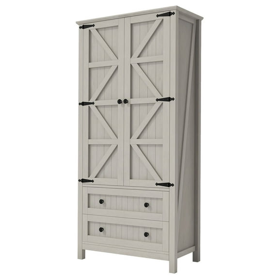 SSyao 64.5" Tall Kitchen Pantry Storage Cabinet Cupboard with 2 Barn Doors & 2 Drawers, White