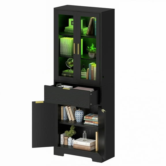 SSyao 65" Industrial Bookcase with LED Lights, Bookshelf Cabinet with Drawers & Storage Shelves, Modern Office & Home Storage Unit for Living Room, Bedroom, or Study, 11.8"D x 23.62"W x 65.16"H