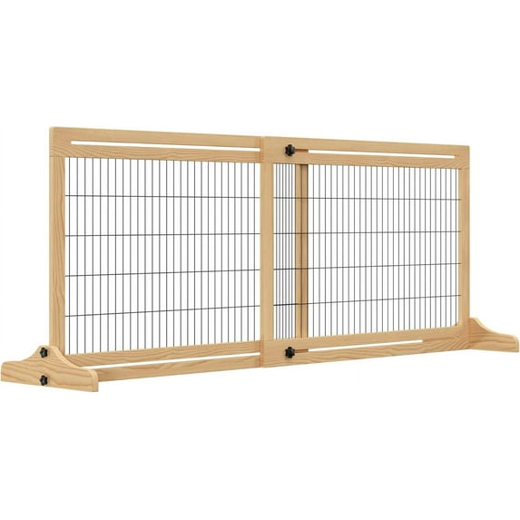 SSyao 72" W x 27" H Extra Wide Freestanding Pet Gate with Adjustable Length Dog, Cat, Barrier for House, Doorway, Hallway, Natural