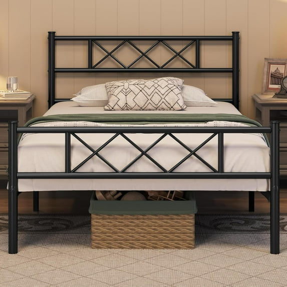 SSyao Black Metal Bed Frame with Headboard Mattress Foundation/Platform Bed/Slatted Bed Base, Twin Size