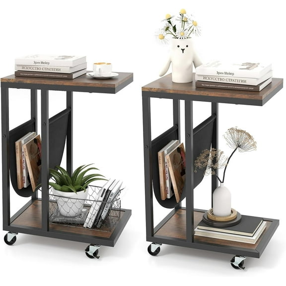 SSyao C Shaped End Table with Rolling Wheels Set of 2, Sofa Side Table with Magazine Storage Holder & Metal Frame, Mobile TV Tray Table for Small Space Living Room, 16"L x 11"W x 23"H, Rustic Brown