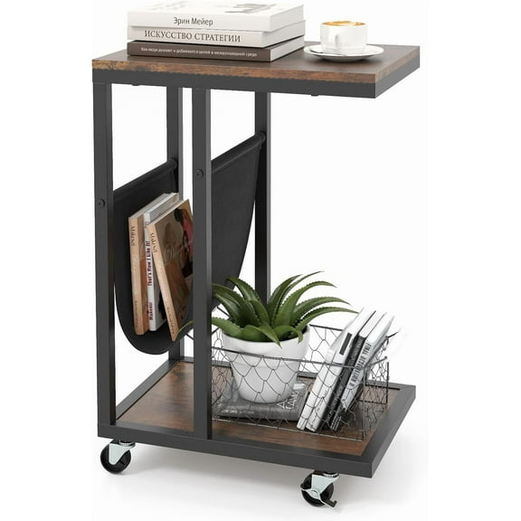 SSyao C Shaped End Table with Rolling Wheels, Sofa Side Table with Magazine Storage Holder & Metal Frame, Mobile TV Tray Table for Small Space Living Room, 16" L x 11" W x 23" H, Rustic Brown