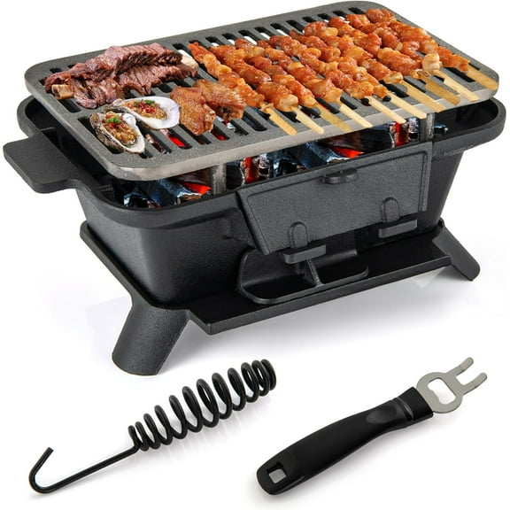 SSyao Cast Iron Charcoal Grill, Portable Hibachi Grill with Grill and Grate Hooks, Tabletop BBQ Grill for Outdoor Camping, Picnic, Parties and Travelling