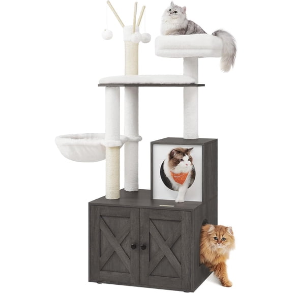 SSyao Cat Tree with Litter Box Enclosure, 2-in-1 Modern Cat Tower, 55.1-Inch Cat Condo with Scratching Posts, Removable Pompom Sticks, Misty Gray