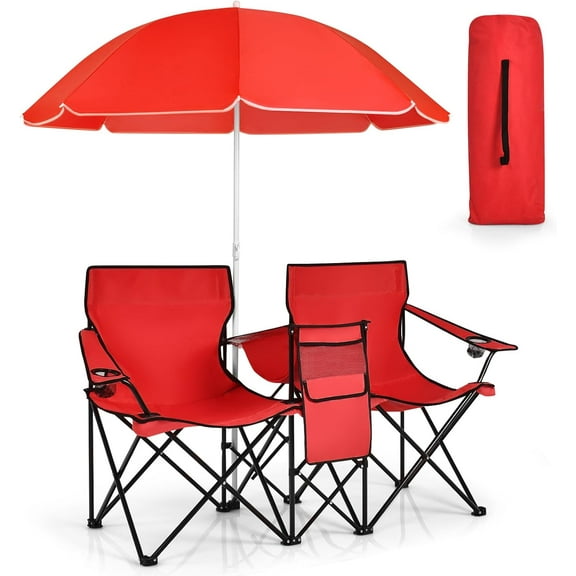 SSyao Double Camping Chair with Canopy, Folding Camp Chairs w/Cup Holder, Cooler & Carry Bag, Table, Side Pocket, 2 Person Portable Beach Chair with Umbrella, for Picnic Fishing (Red)