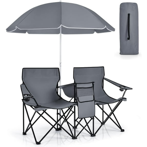 SSyao Double Camping Chair with Canopy, Folding Camp Chairs w/Cup Holder, Cooler & Carry Bag, Table, Side Pocket, 2 Person Portable Beach Chair with Umbrella, for Picnic Fishing (Grey)