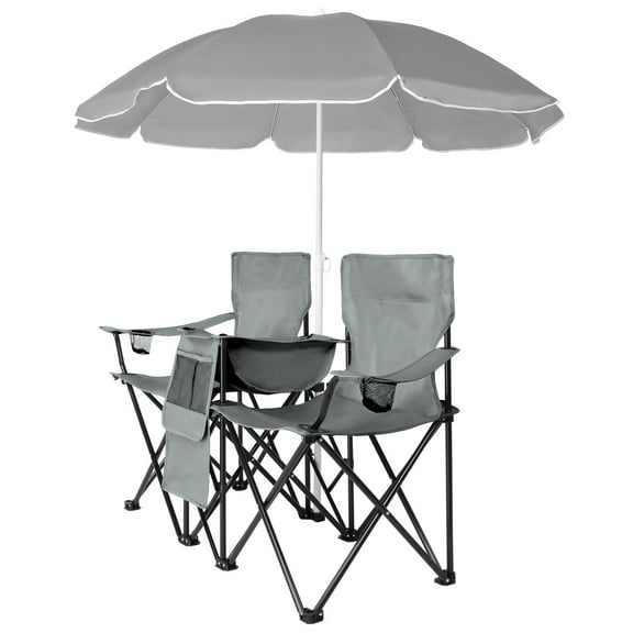 SSyao Double Folding Chair Picnic Cooler Camping Beach with Removable Sun Umbrella