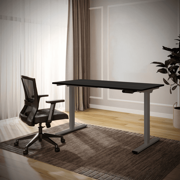 SSyao Dual Motor Electric Standing Desk, Adjustable Height, 55 x 28 Inch, Gray Frame + Black Top