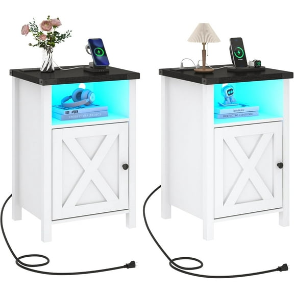 SSyao Farmhouse LED Nightstand Set of 2 with Charging Station, Rustic End Table with Barn Door & Storage Shelf, Bedside Table for Bedroom, Living Room, Black