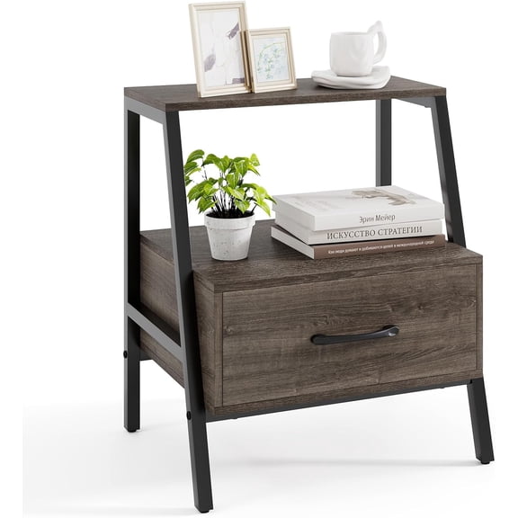 SSyao Farmhouse Nightstand with Drawer and Open Shelf, 2-Tier Bedside Table with Metal Frame, Stable End Table for Bedroom or Living Room, Rustic Gray