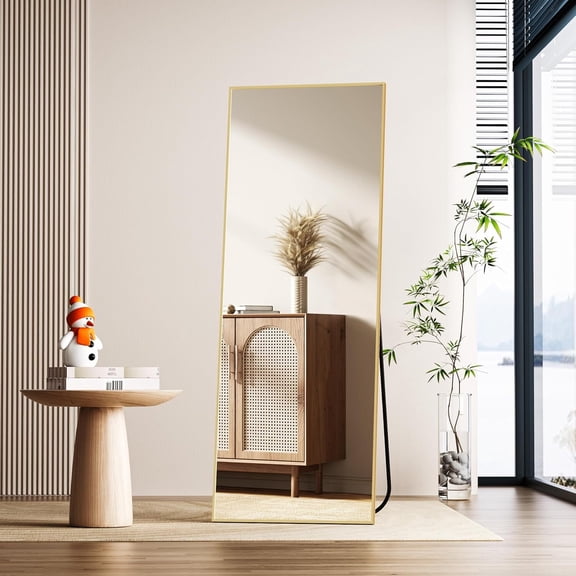 SSyao Full Length Mirror,Floor Mirror with Stand, Hanging Mirror for Home Wall Decor-Gold-rectangular-64"L x 21"W