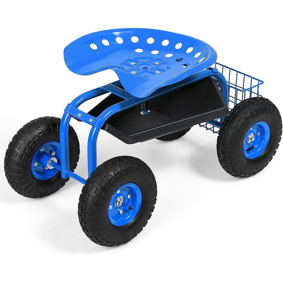 SSyao Garden Seat with Wheels, Heavy-Duty Rolling Garden Cart with 360° Swivel Adjustable Seat,Tool Tray & Rear Basket,Outdoor Gardening Scooter for Lawn,Ideal for Seniors & Adults,Blue
