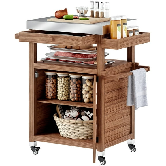 SSyao Grill Cart: Stainless Steel Top Kitchen Island with Drawer, Brown Finish Portable Storage & Prep Station for Outdoor/Indoor Cooking
