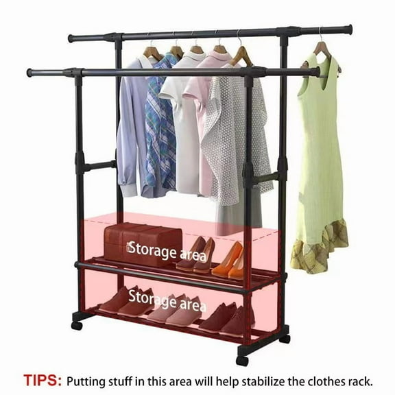 SSyao Heavy Duty Clothing Garment Rack Rolling Clothes Organizer Double Rails Hanging