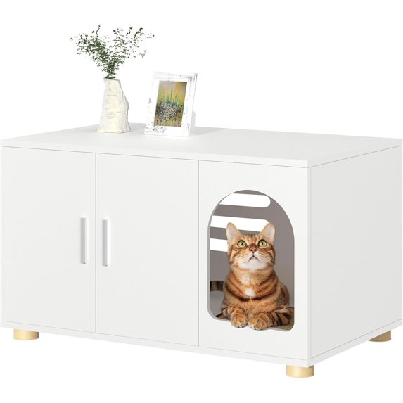 SSyao Modern Cat Litter Box Enclosure Furniture as End Side Table, Stackable Litter Box Furniture-Front Entry-White
