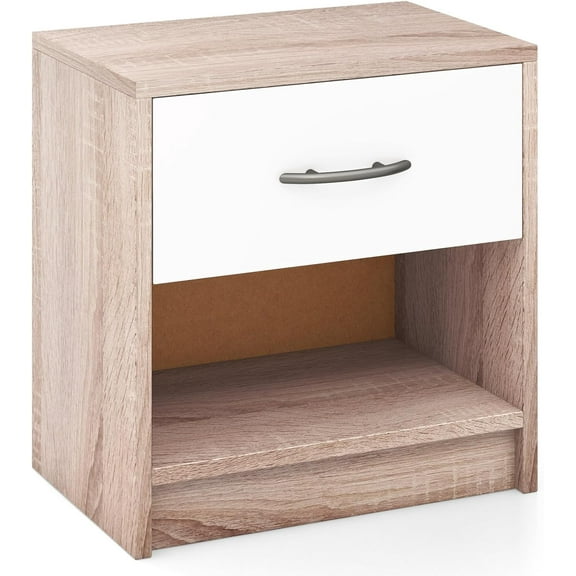 SSyao Night Stand with Drawer, Wood Rustic End Table with Open Storage Shelf for Bedroom, Compact Floor Sofa Side Table for Small Spaces, Farmhouse Bedside Table for Home Office, Light Oak & White