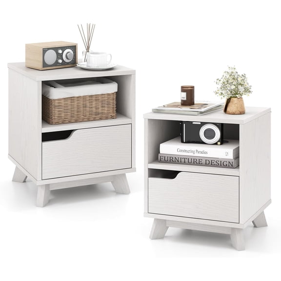 SSyao Nightstand with Drawer Set of 2, Modern Sofa Side Table with Open Shelf, Space-Saving End Table, Bedside Table for Bedroom, Study, Distressed White