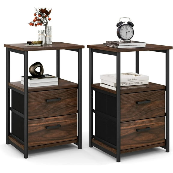 SSyao Nightstand, Sofa Side End Table with Open Shelf & 2 Drawers, Metal Frame Bedside Table, Wooden Top 2 Drawer Dresser, Storage Unit for Bedroom, 13.5 x 12 x 23 Inch (2, Walnut)