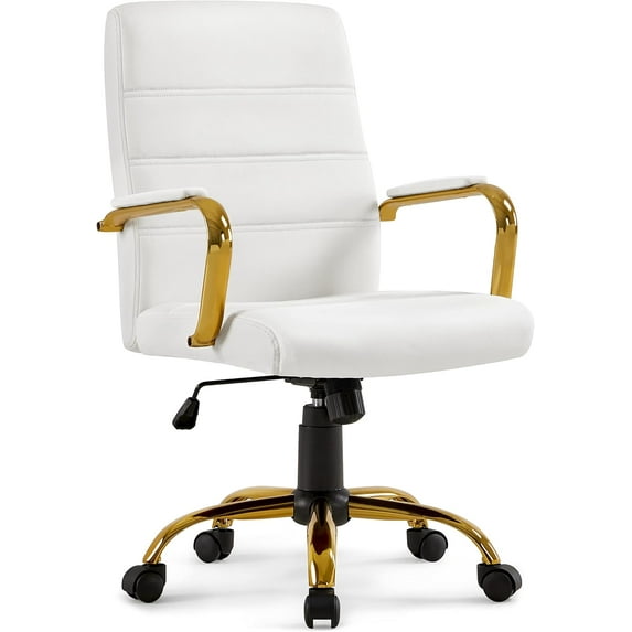 SSyao Office Desk Chair Mid-Back Adjustable PU Leather Executive Chair w/Gold Frame White Seat