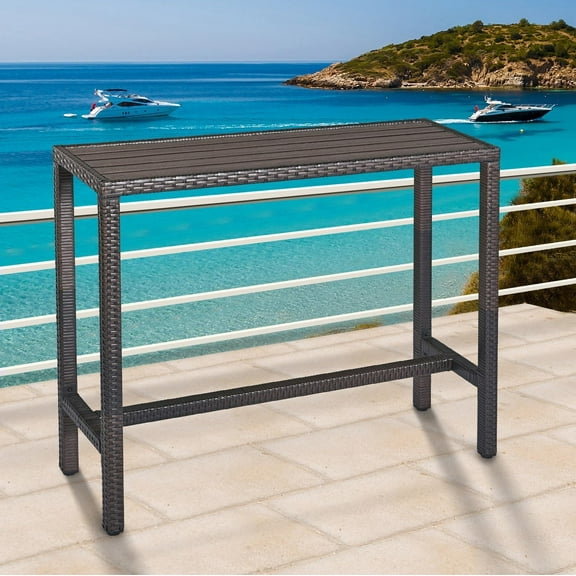 SSyao Outdoor Bar Table Patio Counter Height Table 45" Long Wicker High Top Pub Table Tall Console Table Rectangle Narrow with Adjustable Feet for Hot Tub Balcony Garden Pool Deck Backyard Brown