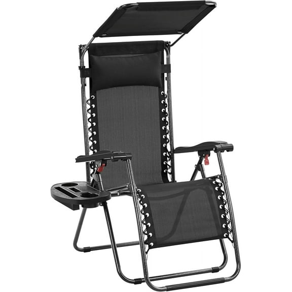 SSyao Outdoor Zero Gravity Chair Foldable Recliner Adjustable Patio Lounge w/Canopy Shade, Side Cup Holder Tray, Carry Strap for Garden Beach Lawn Deck-1-Black