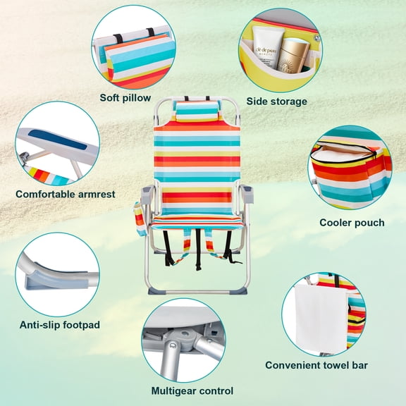 SSyao Oxford Cloth Backpack Beach Camping Chair Sleep Bed Folding Heavy Duty, Aluminum-Rainbow Stripes
