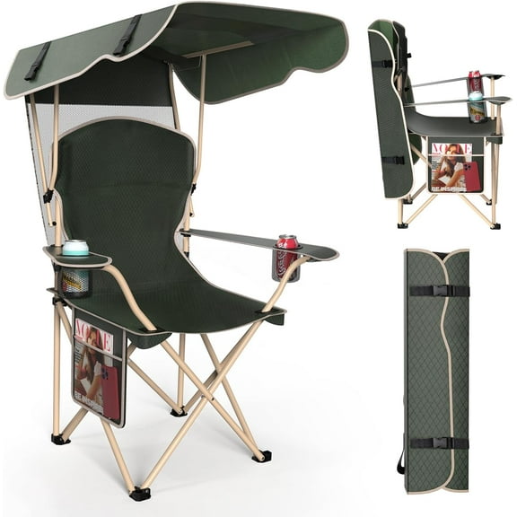 SSyao Portable Camping Chair with Canopy - Folding Chair with Canopy, Durable 600D Oxford Canopy Chair for Camping, Beach, Picnics, Fishing & Sports,1pack Olive Green