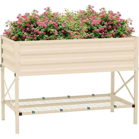 SSyao Raised Garden Bed with Galvanized Steel Frame, Elevated Planter Box with Legs, Storage Shelf & Bed Liner, Outdoor Metal Gardening Box for Vegetables, Flowers, Herbs, Patio Yard Deck,Cream White